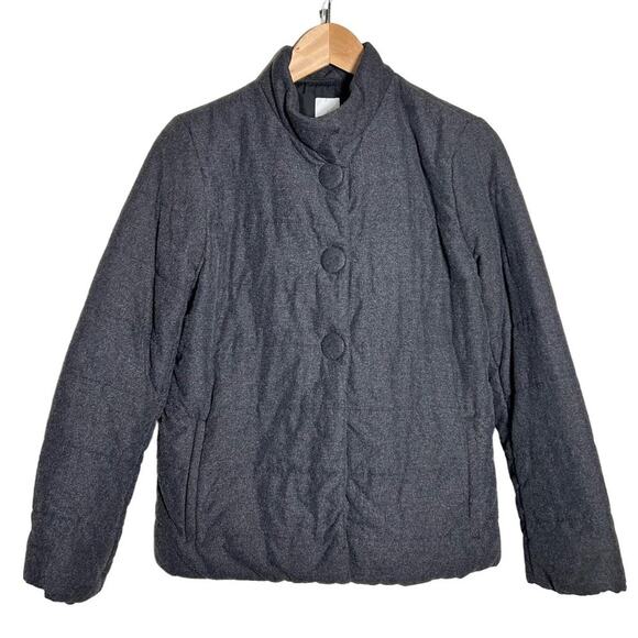 Gray Wool Blend Puffer Jacket Quilted Button Up Coat Warm Casual Outerwear - Picture 1 of 11